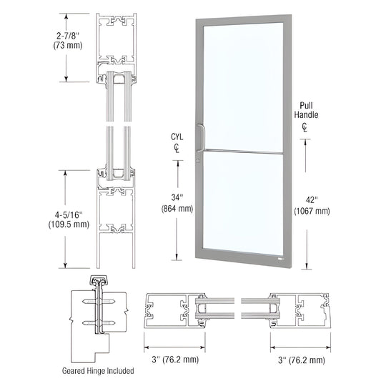 CRL Custom Narrow Stile Entrance Door SKU 1D21811, clear anodized, 3" stiles, 2-7/8" top, 4-5/16" bottom, fits 1" IGU.