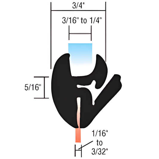 Cross-section of black EPDM self-sealing weatherstrip (SKU 10254), 3/4" wide, fits 3/16-1/4" glass, sold in 50' rolls.