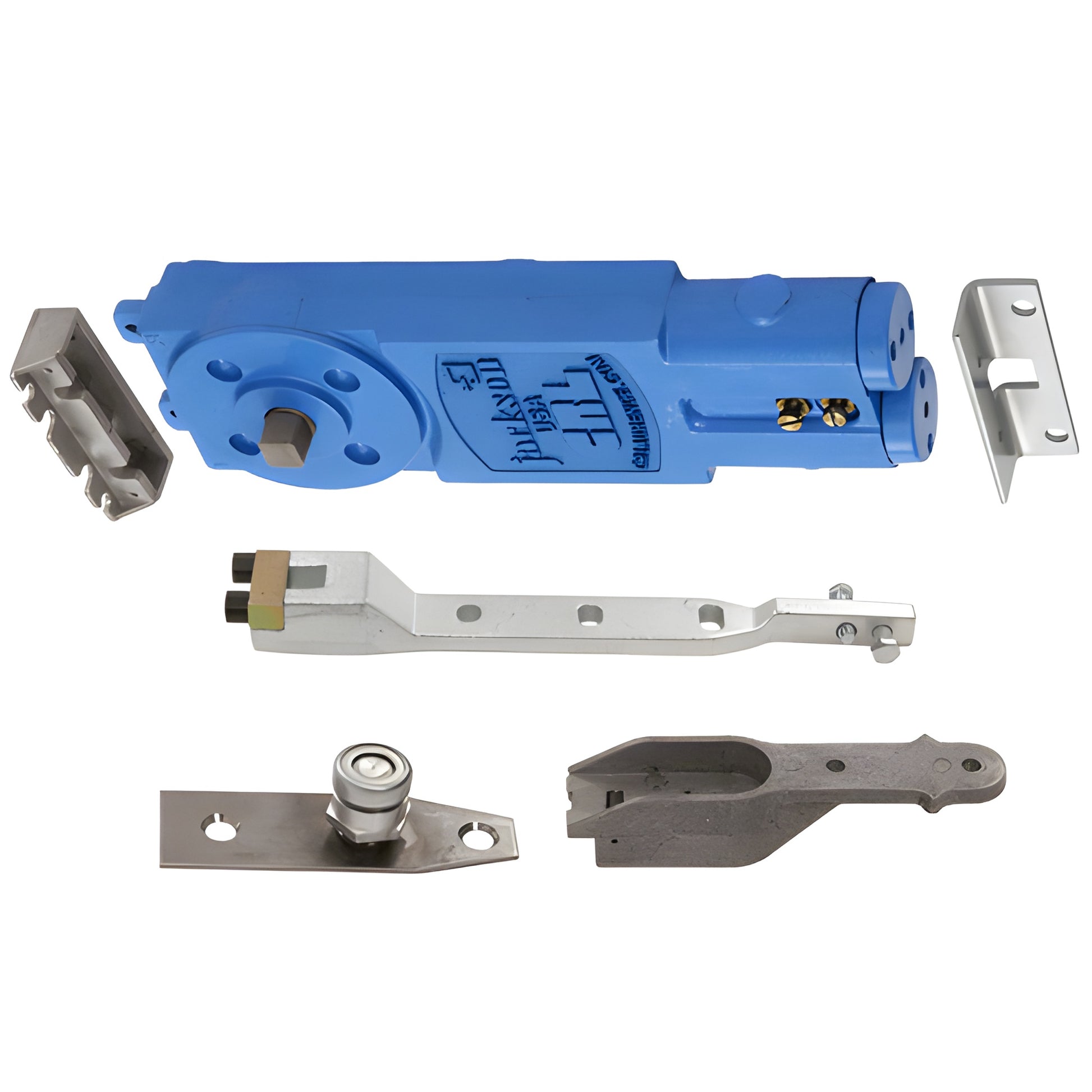 Blue CRL Jackson adjustable overhead concealed door closer with floor pivot and mounting hardware, SKU 21101AP19