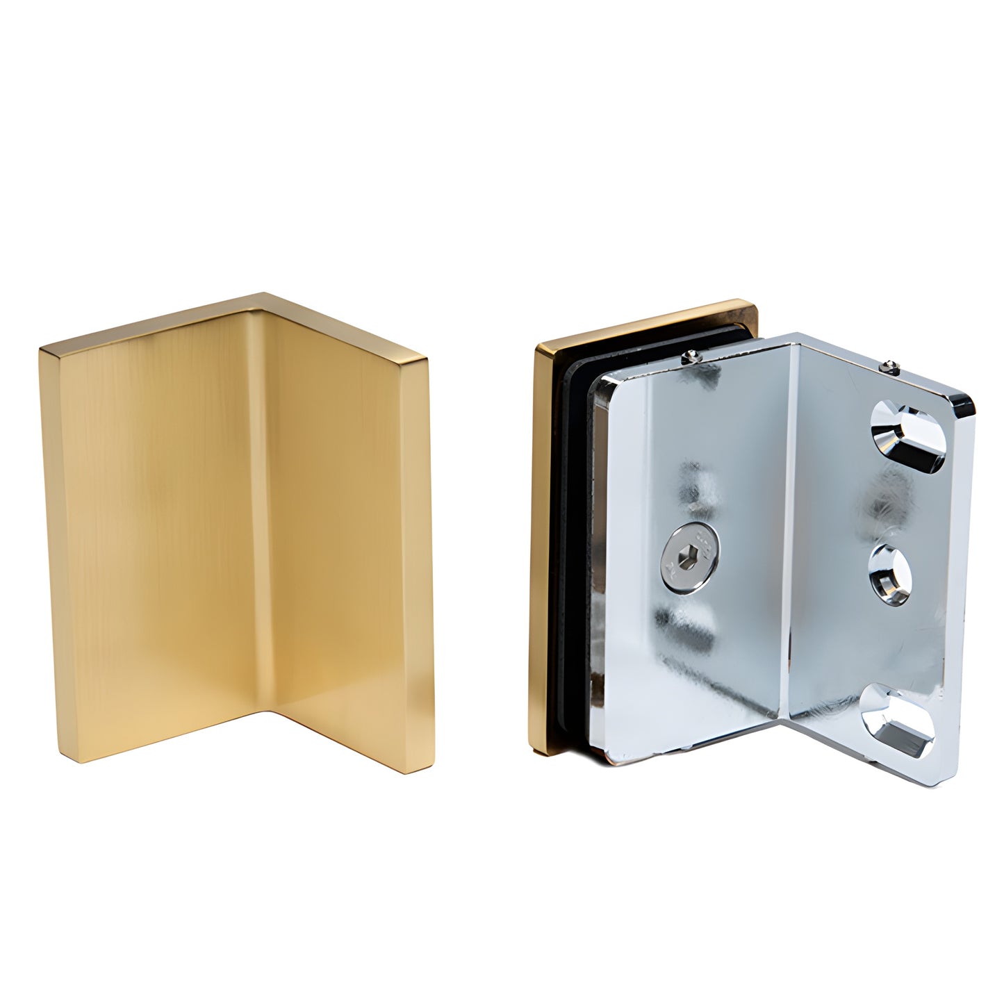 Satin brass COMO wall-mount glass bracket for 8-10mm glass, solid brass, SKU C0M90SSB