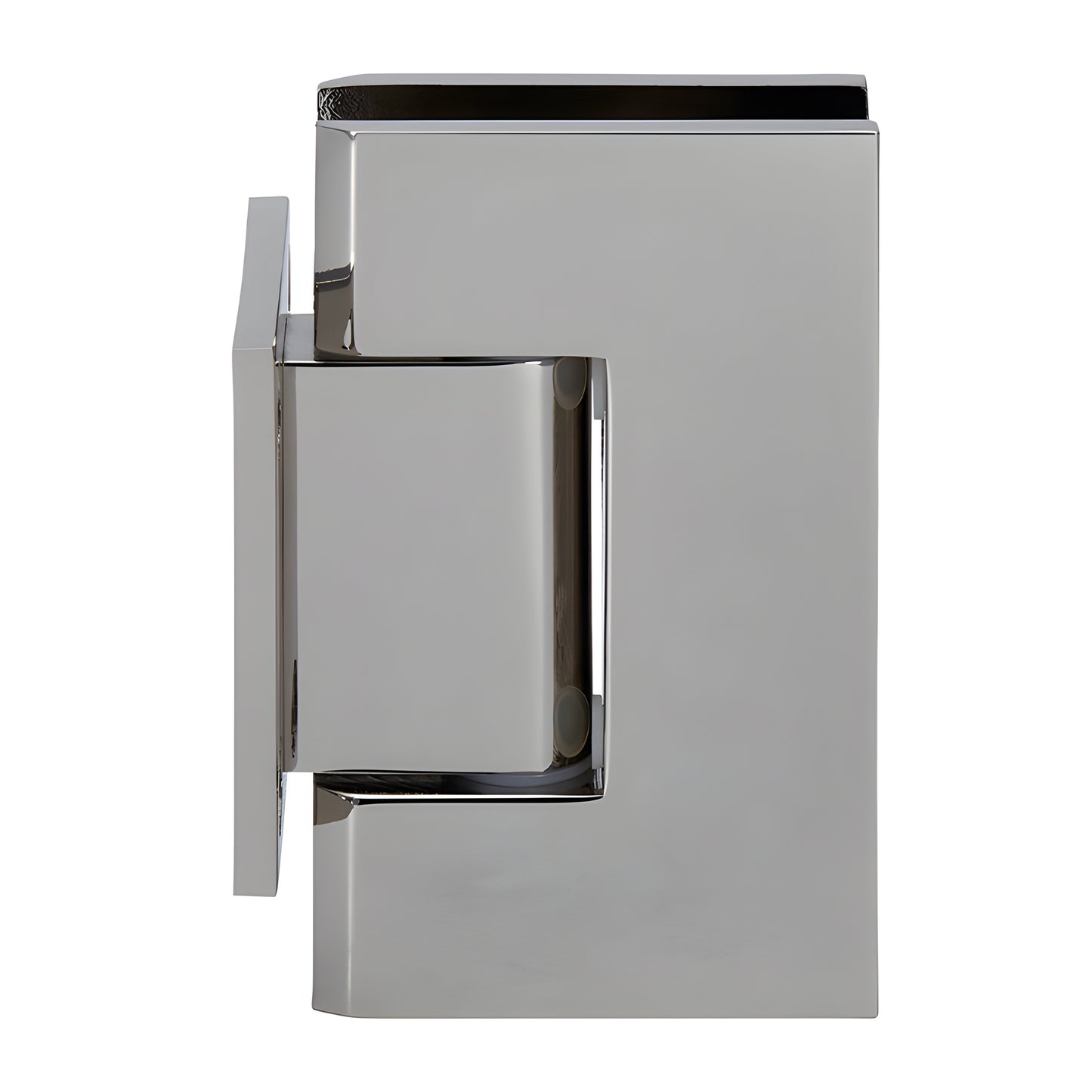 Polished nickel brass Geneva shower hinge (GEN074PN), wall-mount short back plate, self-centering for 8-12mm glass.