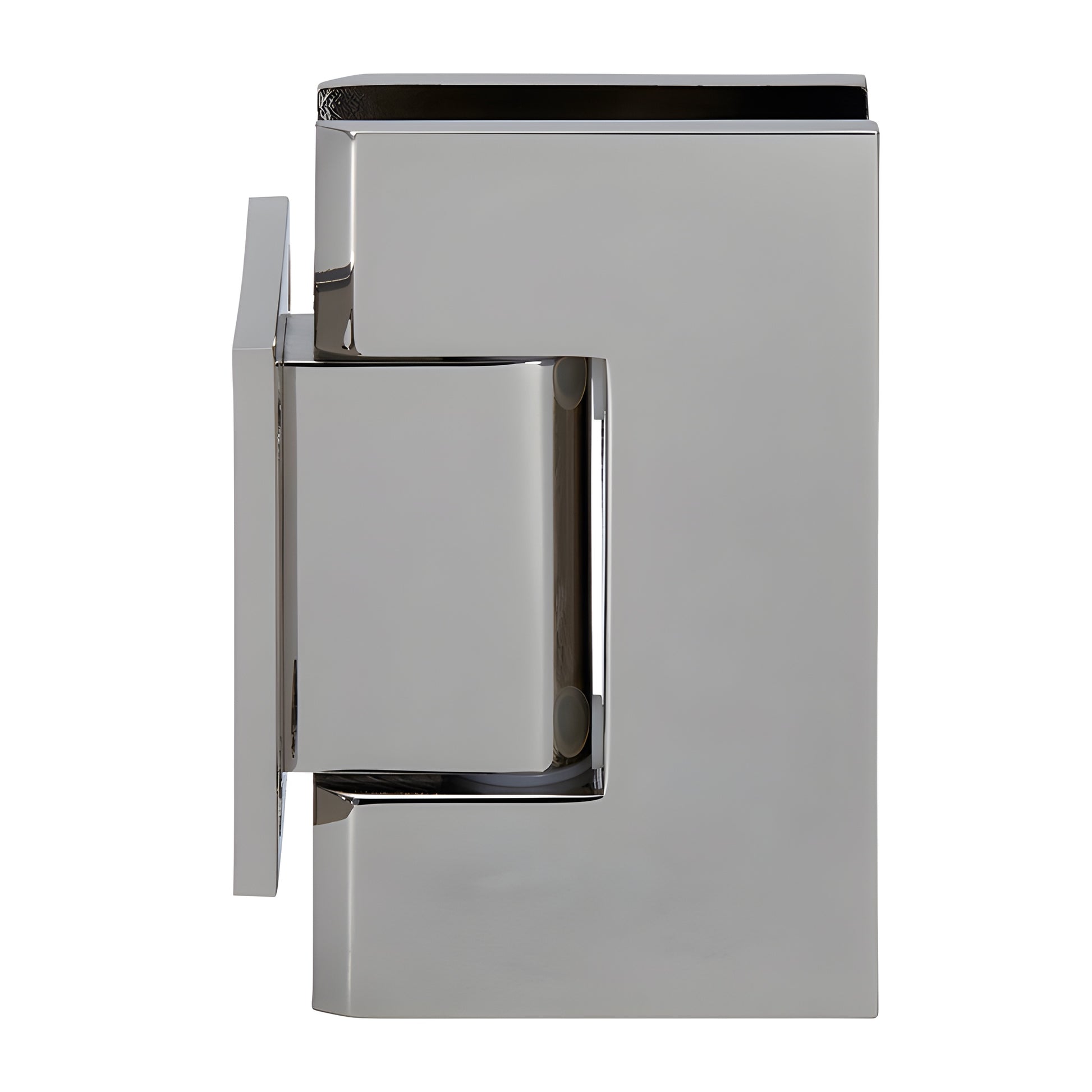 Polished nickel brass Geneva shower hinge (GEN074PN), wall-mount short back plate, self-centering for 8-12mm glass.