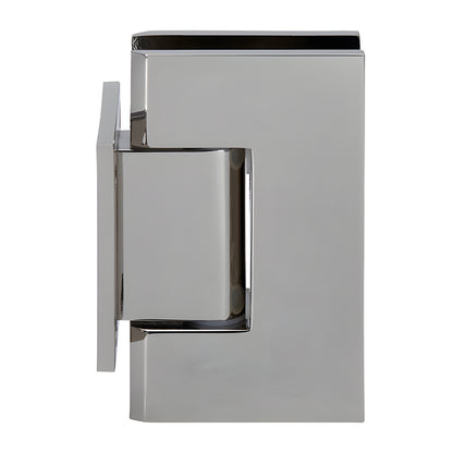 Polished nickel brass Geneva shower hinge (GEN074PN), wall-mount short back plate, self-centering for 8-12mm glass.