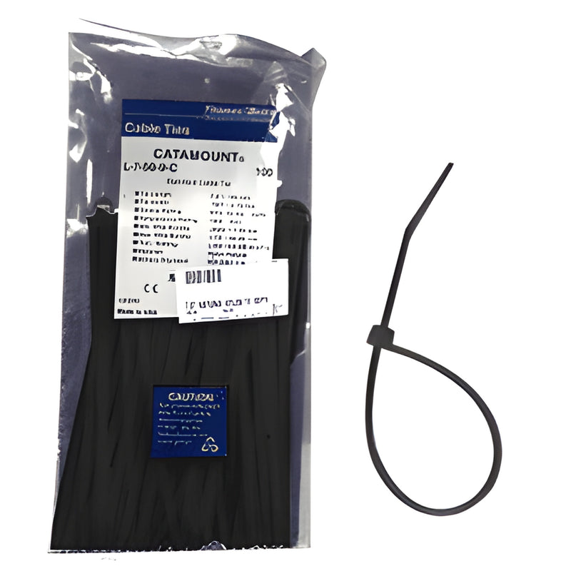 100 black nylon self-locking cable ties (SKU NT40BL) in sealed pack, with one tie shown looped.
