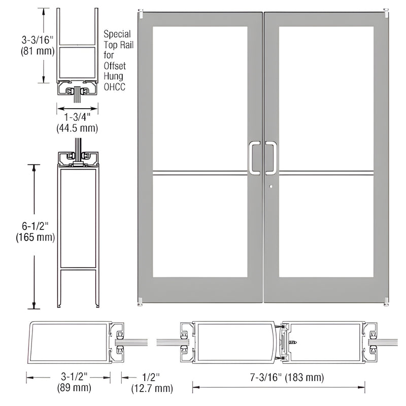 DC42111 clear anodized medium-stile commercial double entrance door diagram, 31 2" stiles, 61 2" bottom rail.