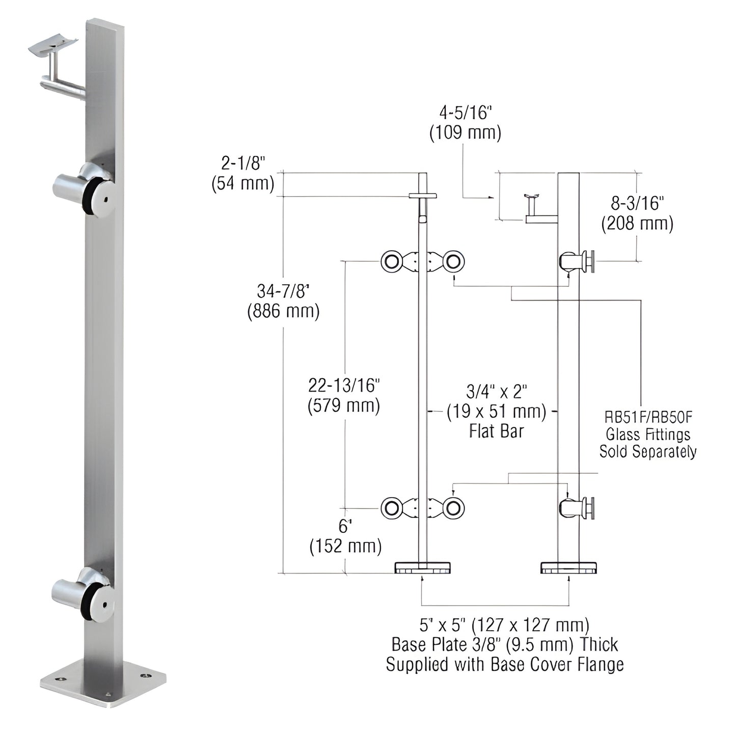 P336REBS surface-mounted stainless post, 5x5 in base plate, brushed finish, for frameless glass - fittings sold separately