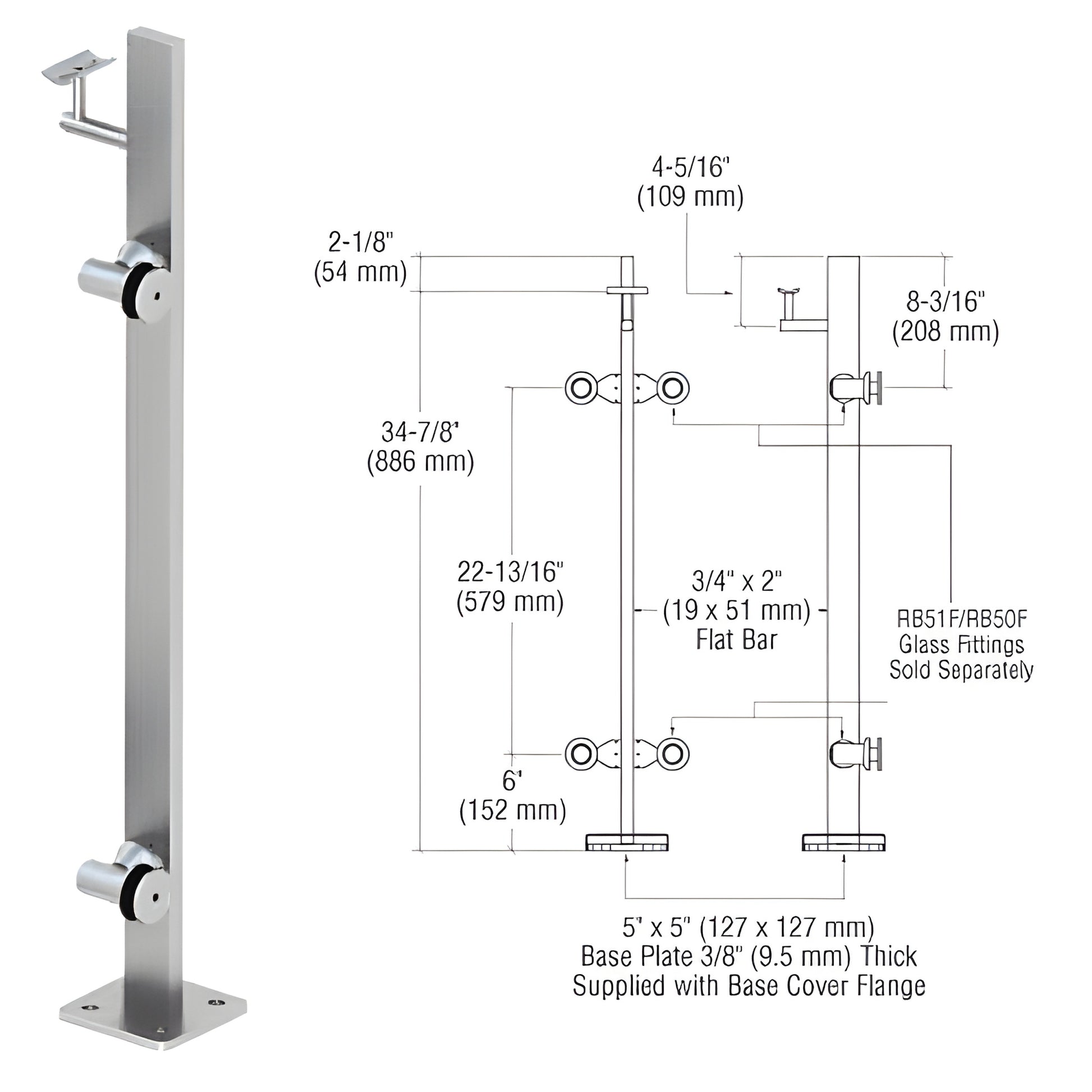 P336REBS surface-mounted stainless post, 5x5 in base plate, brushed finish, for frameless glass - fittings sold separately