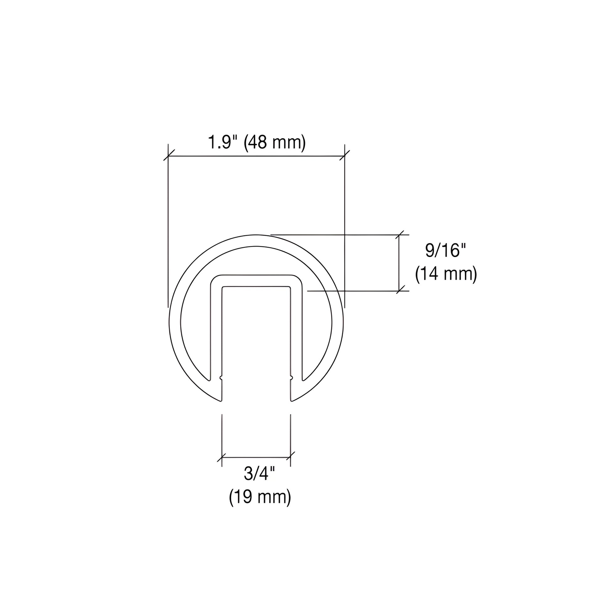 GR19SA satin-anodized 6063 T6 aluminum extruded cap rail, 1.9 in diameter, U-shaped profile for 1/2-5/8 in glass.