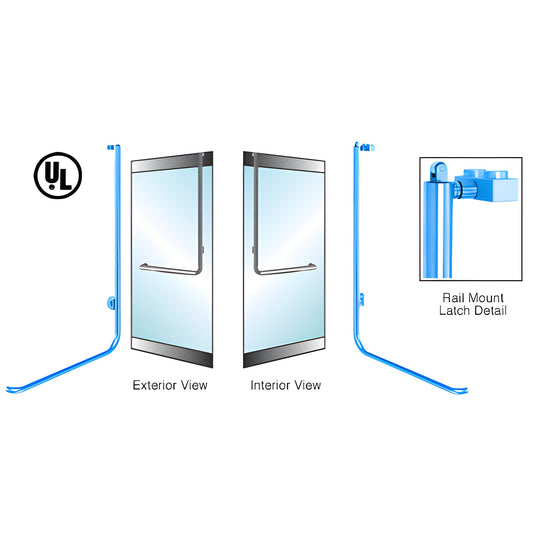 PA100 tubular panic handle for 1/2-3/4 glass doors, 1-1/4 dia, stainless finish, rail-mount latch, UL certified