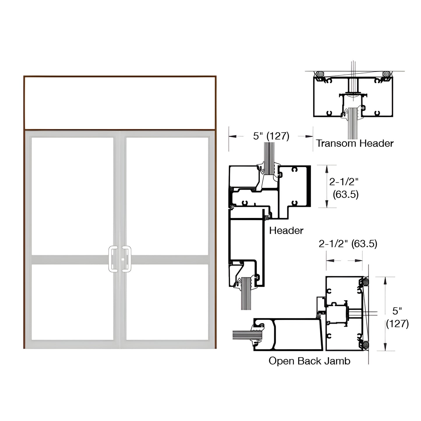 SKU 0P62522: black bronze anodized double transom impact door frame, 2-1/2" x 5" profile, hinge and threshold prep