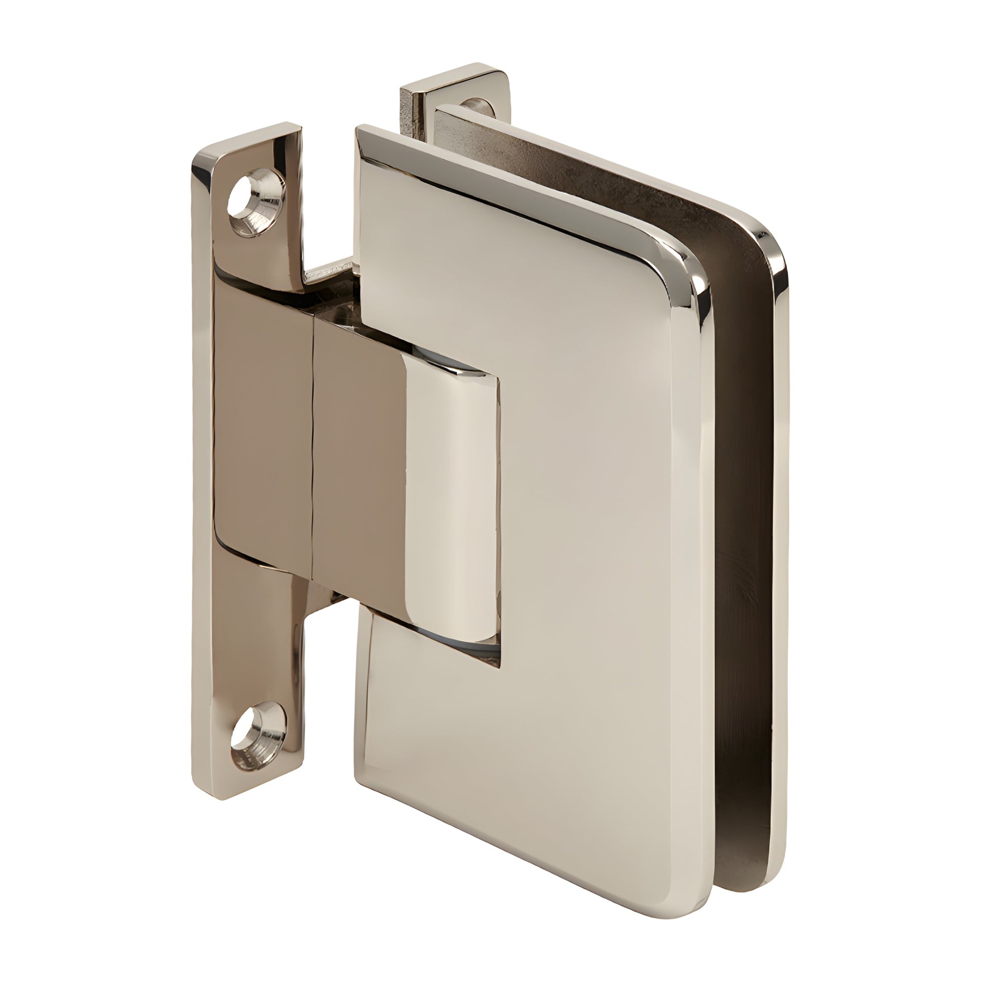 PLY037PN polished nickel brass shower door hinge, wall-mount, self-centering for 3/8-1/2" frameless glass.