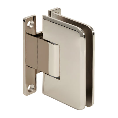 PLY037PN polished nickel brass shower door hinge, wall-mount, self-centering for 3/8-1/2" frameless glass.