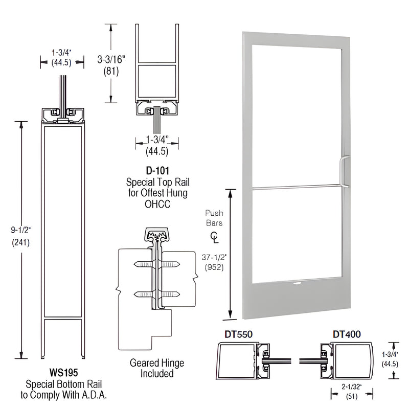 Clear anodized 36"x84" CRL Series 250 narrow-stile storefront inactive door leaf with ADA bottom rail.