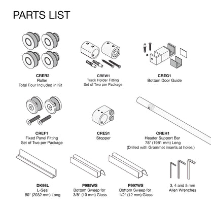 CRE78PS Crescent Series 78 in polished stainless top-rolling sliding shower door, one sliding door and one fixed panel