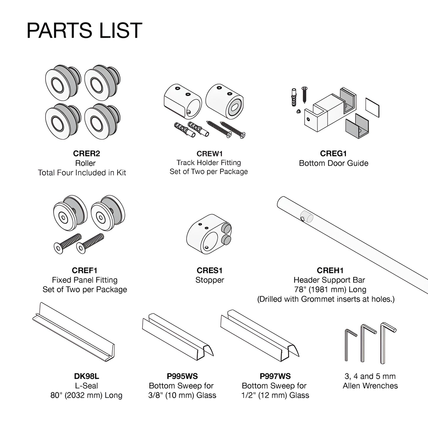 CRE78BS: Crescent brushed stainless top-rolling sliding shower door system, 78" header, one sliding door and fixed panel