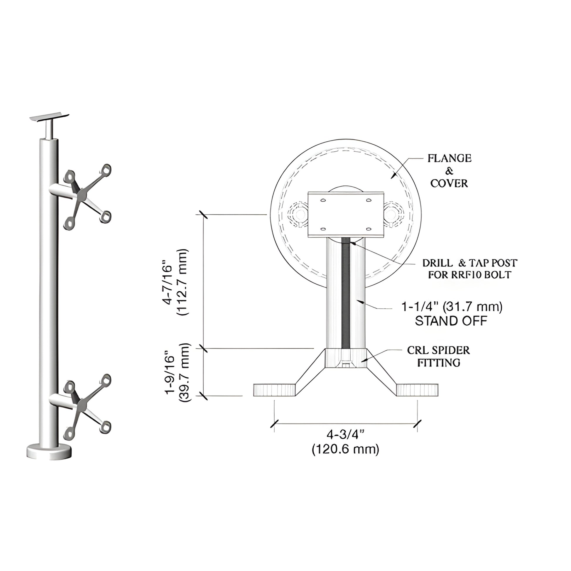 CRL P636CPS polished stainless steel spider post railing kit with base plate, welded saddle and fixed glass spider fittings.