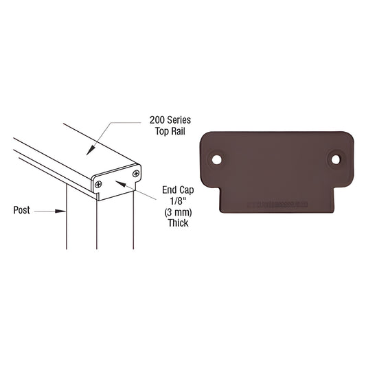 CRL 200 Series matte bronze end cap (SKU 2DECBRZ), contoured 1/8" (3mm) thick with two countersunk screw holes.