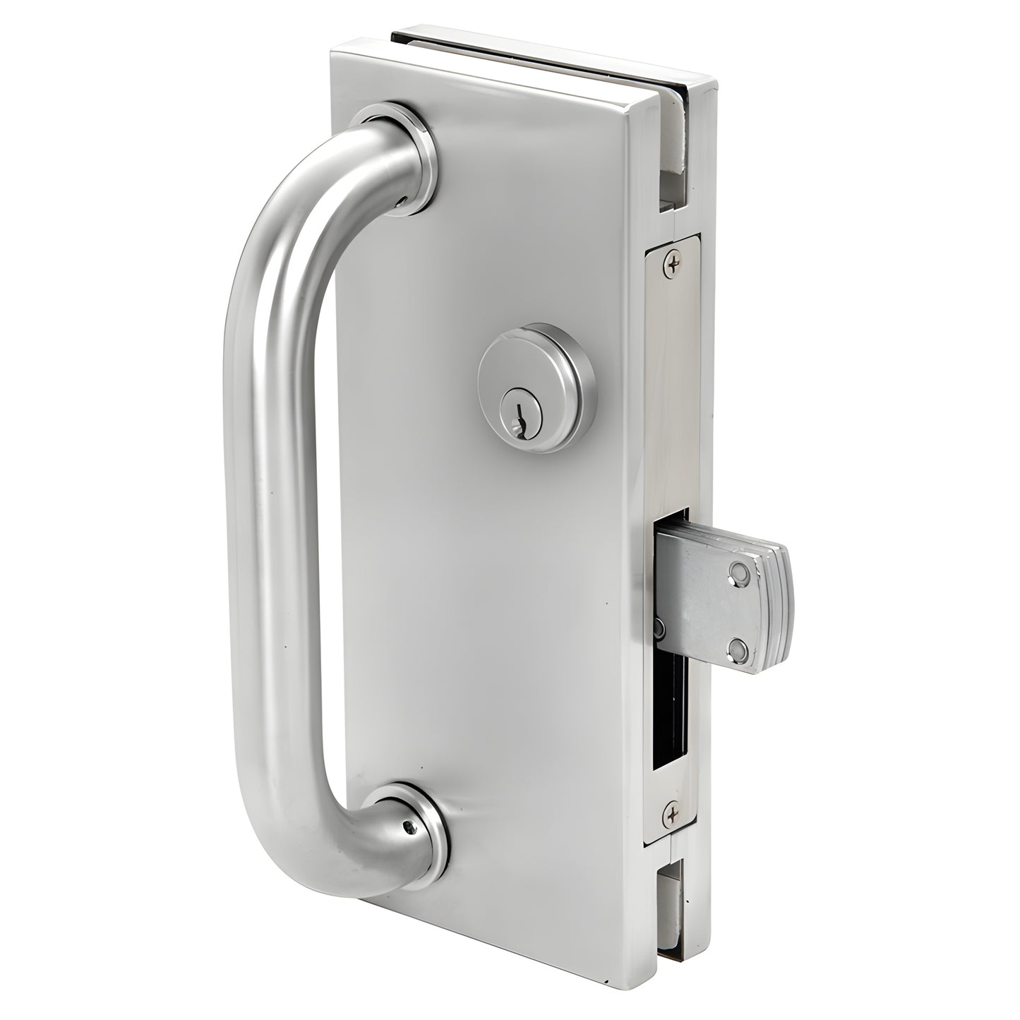 DT410SCC satin anodized 4x10 in. glass door center lock with long-throw deadthrow and pull handle, fits 1/2 glass