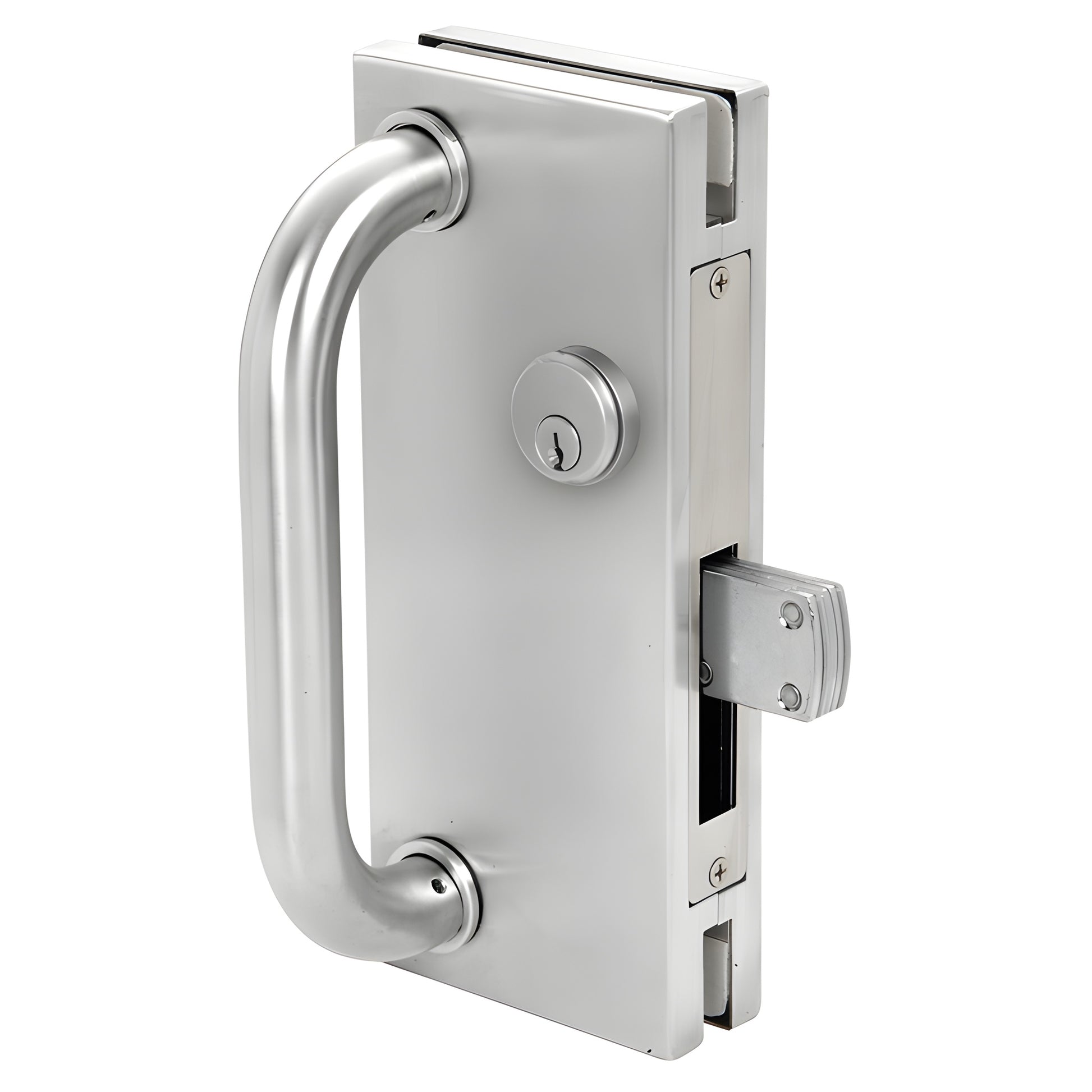 DT410SCC satin anodized 4x10 in. glass door center lock with long-throw deadthrow and pull handle, fits 1/2 glass
