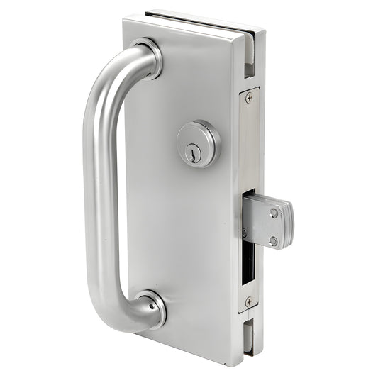 DT410SCC satin anodized 4x10 in. glass door center lock with long-throw deadthrow and pull handle, fits 1/2 glass