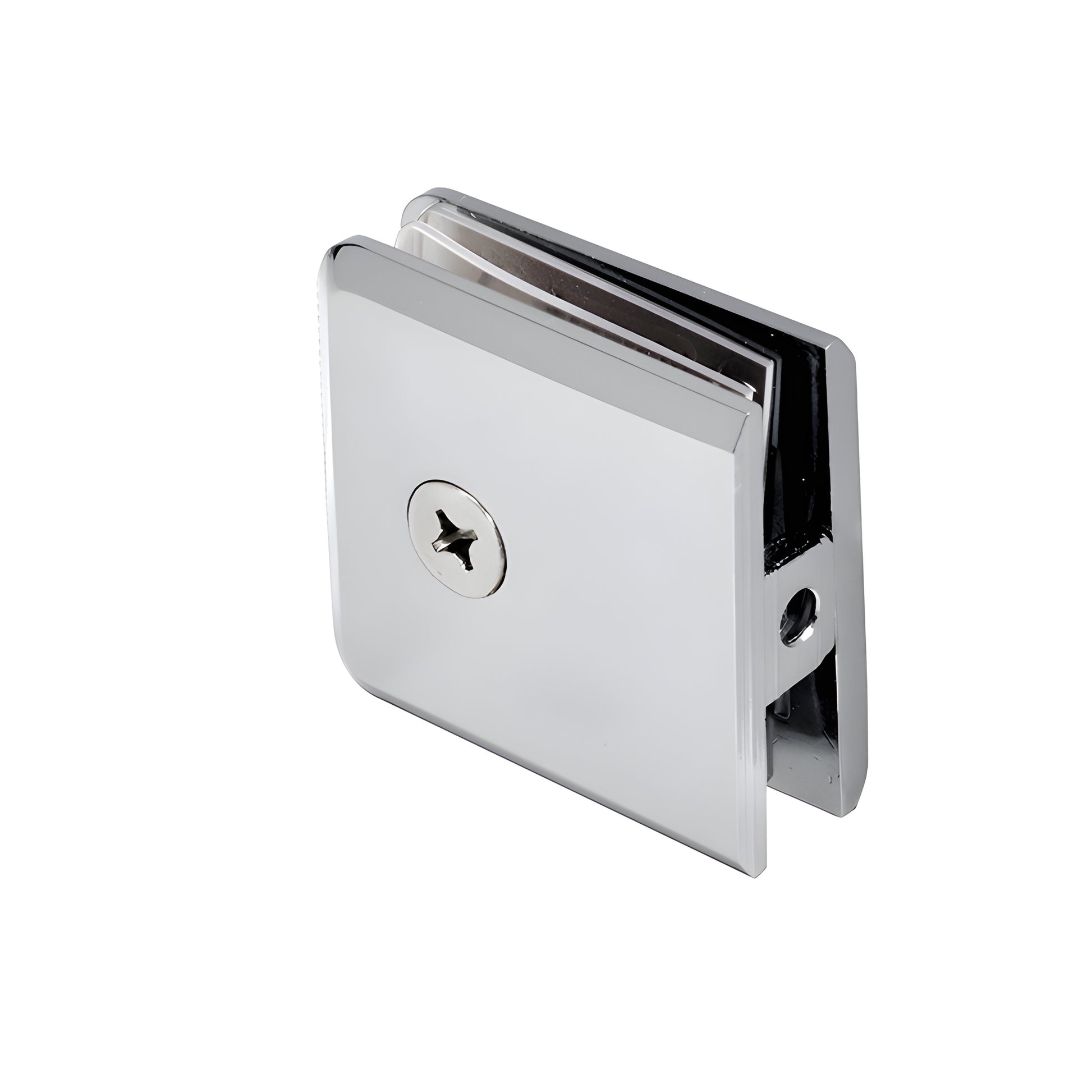 Polished chrome beveled wall-mount glass clamp (BCU4CH) for 3/8-1/2 (10-12mm) frameless shower panels.