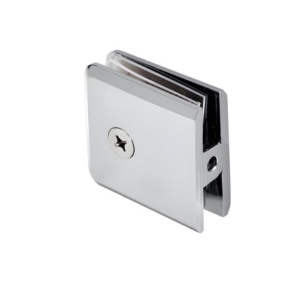 Polished chrome beveled wall-mount glass clamp (BCU4CH) for 3/8-1/2 (10-12mm) frameless shower panels.
