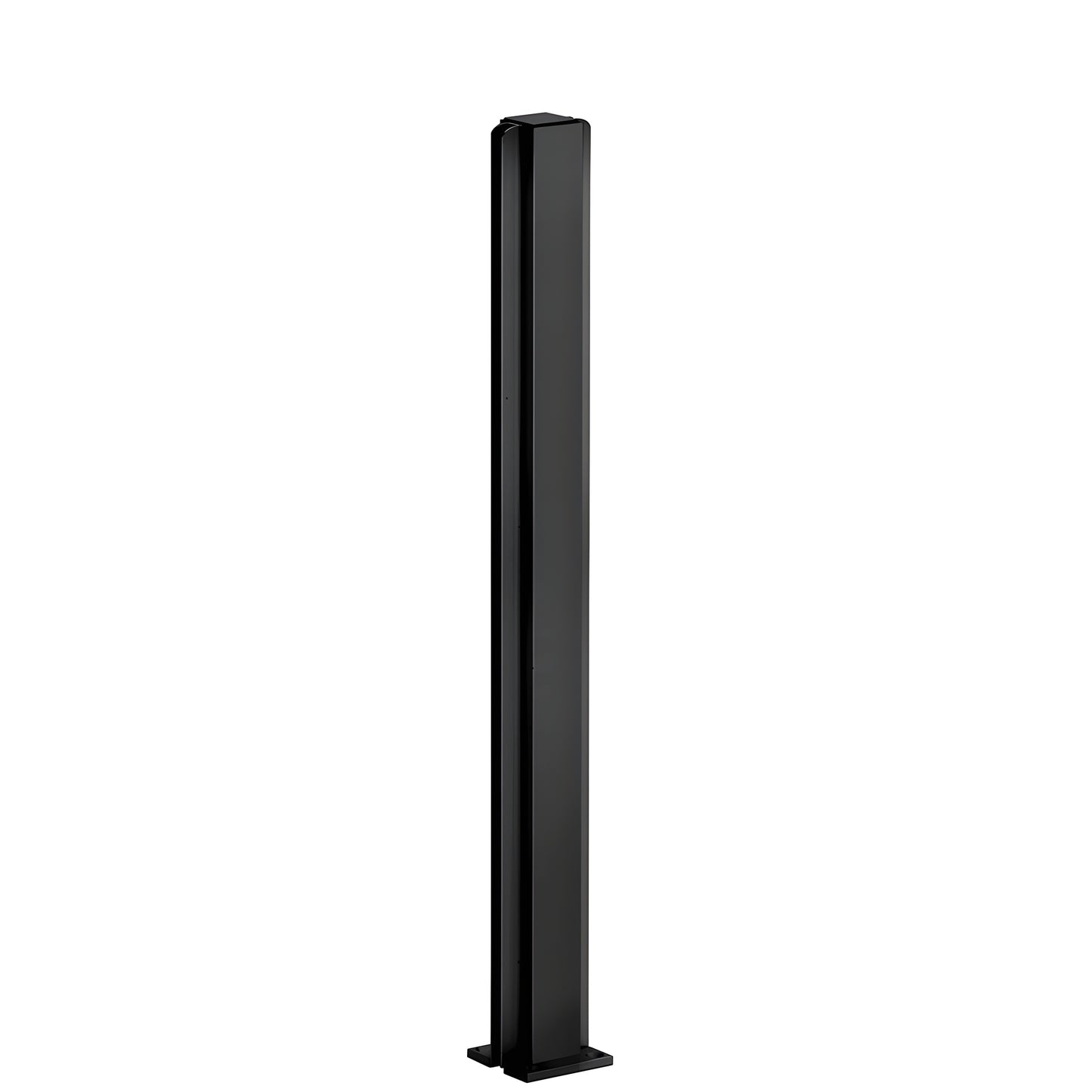 Matte black 24" aluminum center partition post with 1-1/8" square tube and 2" mounting base. SKU D990MBL24C