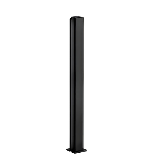 Matte black 24" aluminum center partition post with 1-1/8" square tube and 2" mounting base. SKU D990MBL24C