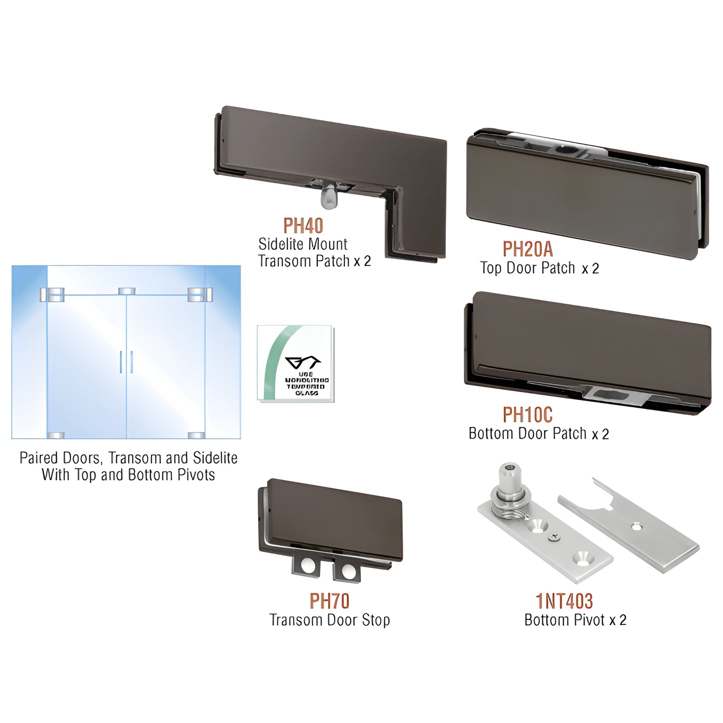 PHA8DU double-door patch kit for 3/8-1/2" tempered glass; black bronze anodized sidelite/transom patches, pivots and stop.