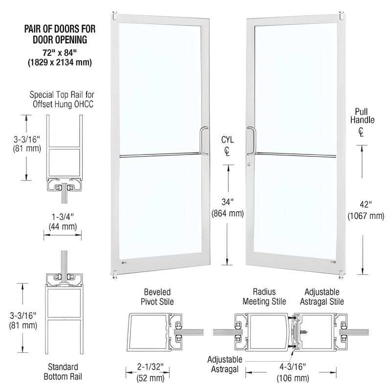 Pair of white Kynar narrow-stile glass entrance doors (SKU DC22152) with offset pivots and ADA-compatible bottom rail