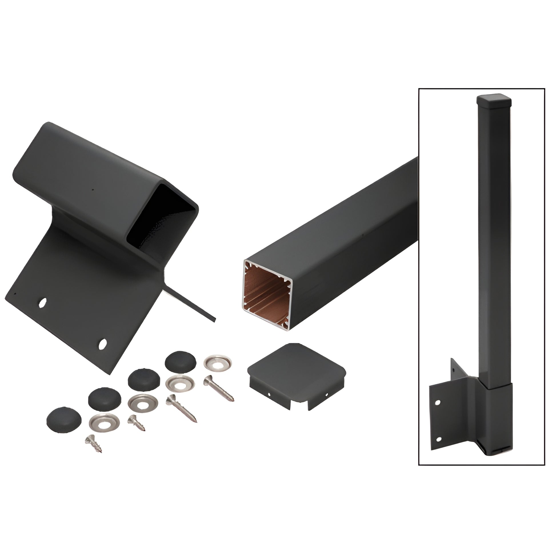 Matte black 2-3/8" square aluminum fascia mount post kit (FP948KBL) with bracket, cap and fasteners