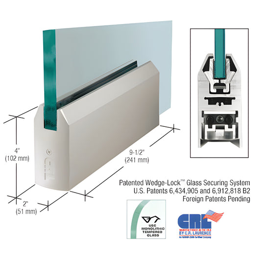 CRL Wedge-Lock satin anodized aluminum tapered door rail patch, 9-1/2 in long for 1/2 in tempered glass SKU DR4TSA12P