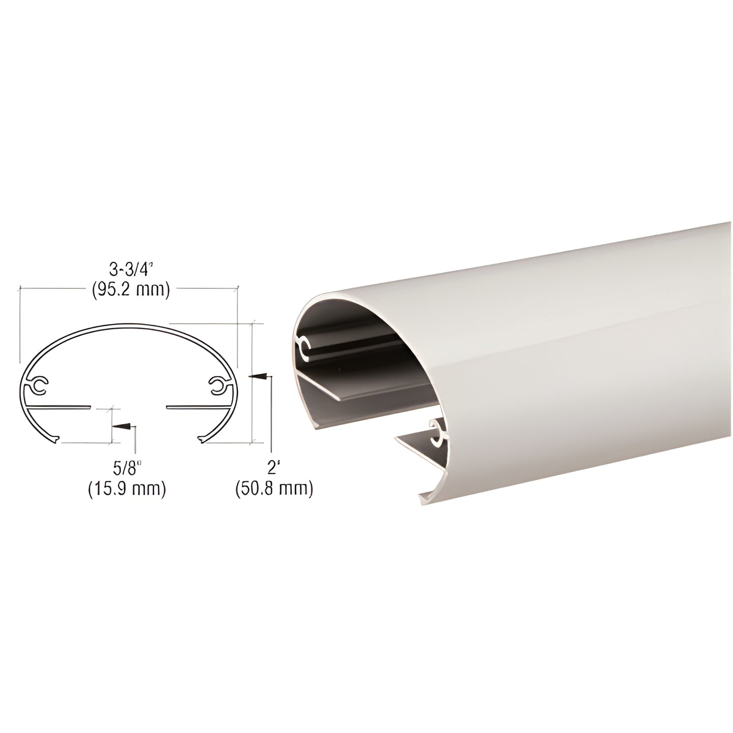 Sky White powder-coated aluminum top rail SKU 35TR241W, 3-3/4" wide 2" high, fits 1/4-1/2" glass or 3/4" pickets.