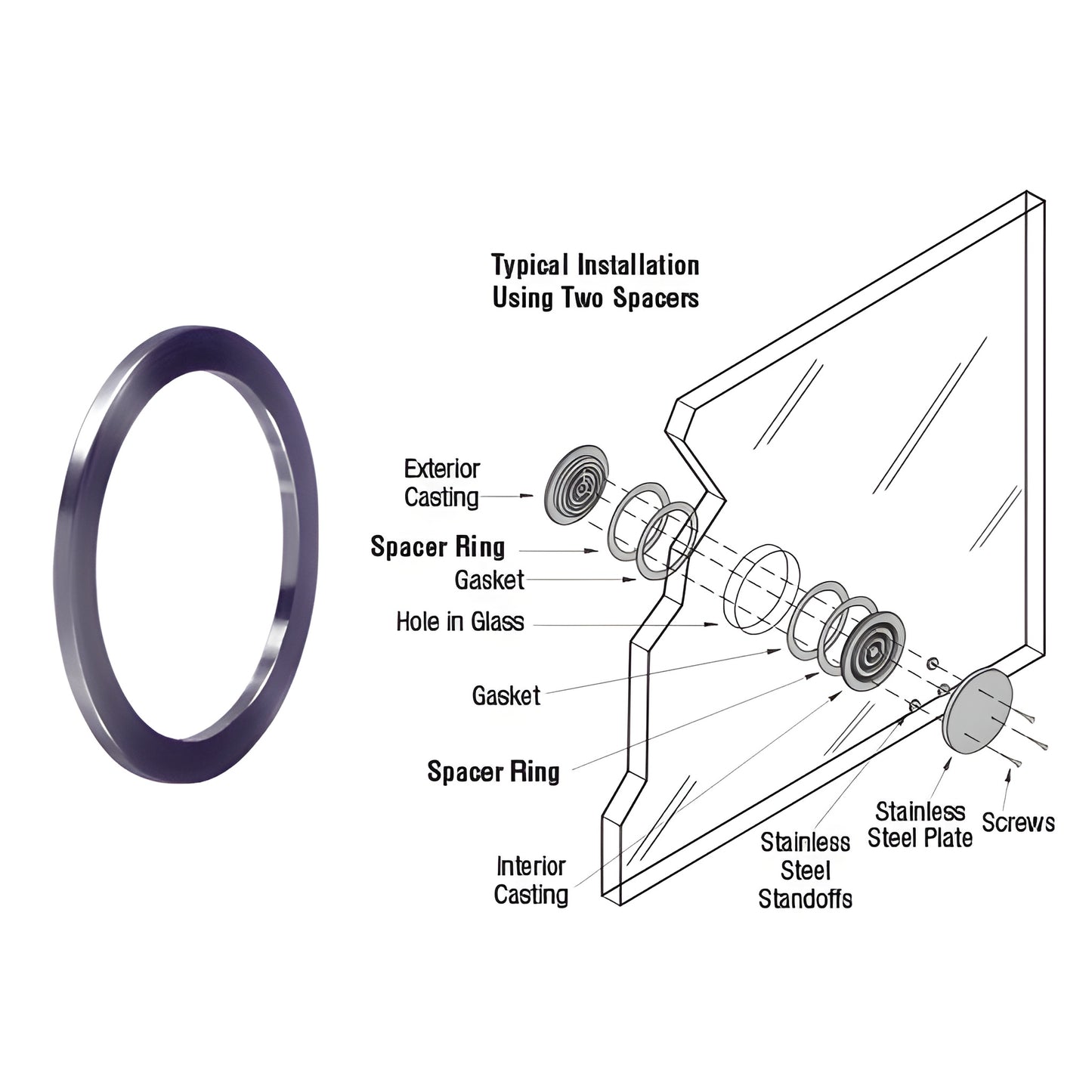 Brushed stainless steel spacer ring (SKU SR666214) with exploded diagram showing two-ring installation in glazing.