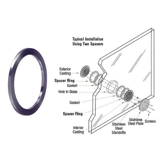 Brushed stainless steel spacer ring (SKU SR666214) with exploded diagram showing two-ring installation in glazing.