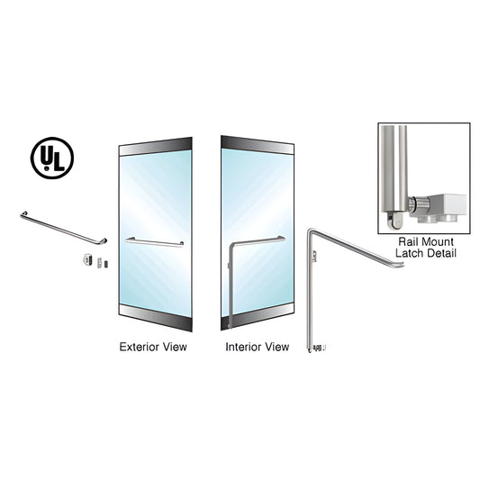 Brushed stainless steel panic handle for 3/4" tempered glass, 1-1/4" diameter rail-mount, shown in exterior and interior view