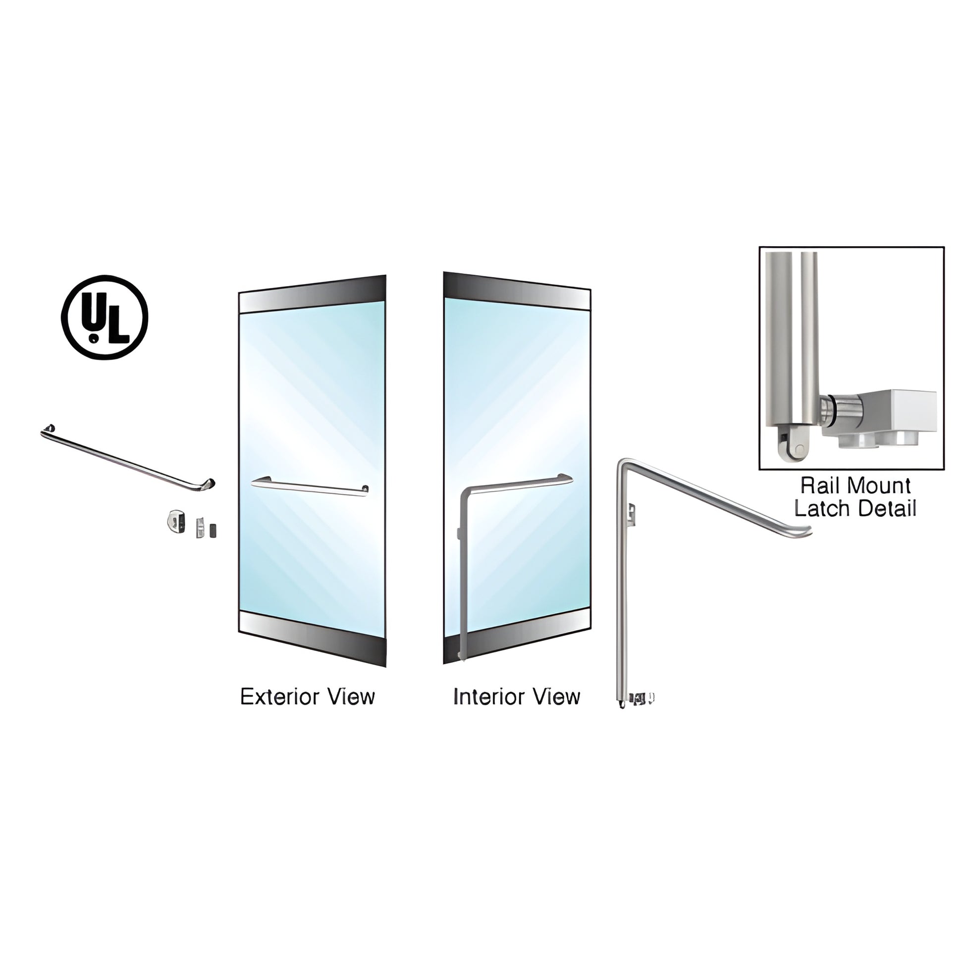 Polished stainless steel 1-1/4 rail-mount panic handle for 3/4 tempered glass doors, exterior access.