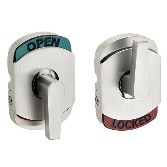 CRL Lock Indicator Adaptor (SKU LLPA1NDBS) brushed stainless steel showing OPEN (teal) and LOCKED (red)