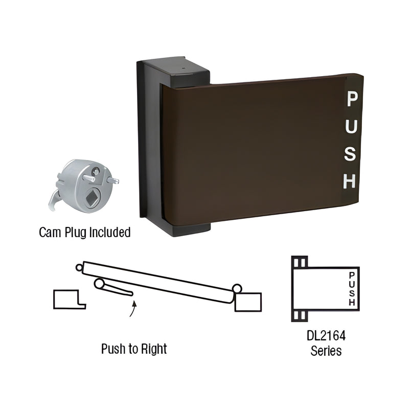 Dark bronze CRL push-pull paddle handle (5x4") with vertical "PUSH" indicator, cam plug included - SKU DL2164DU