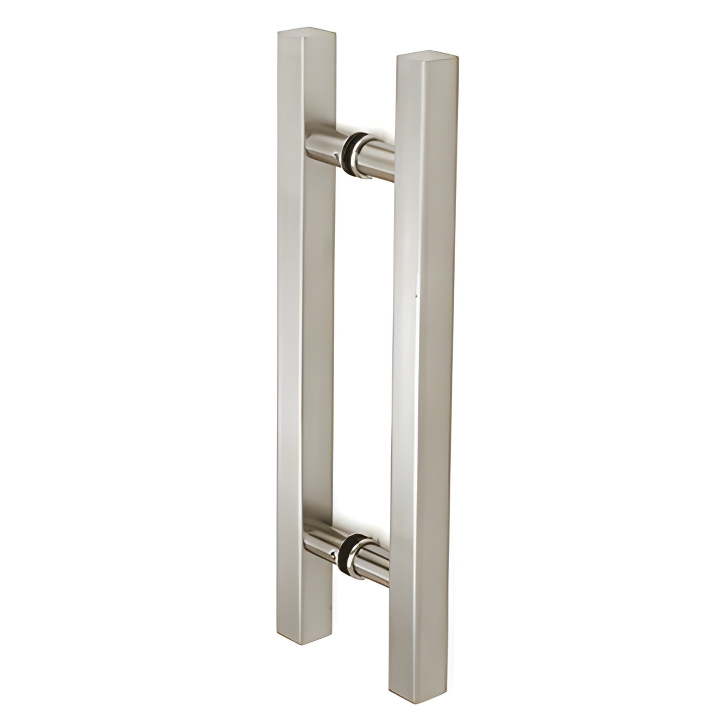 Brushed nickel ladder-style squared shower door pull, 8" center-to-center, 3/4" square tubing, back-to-back mount