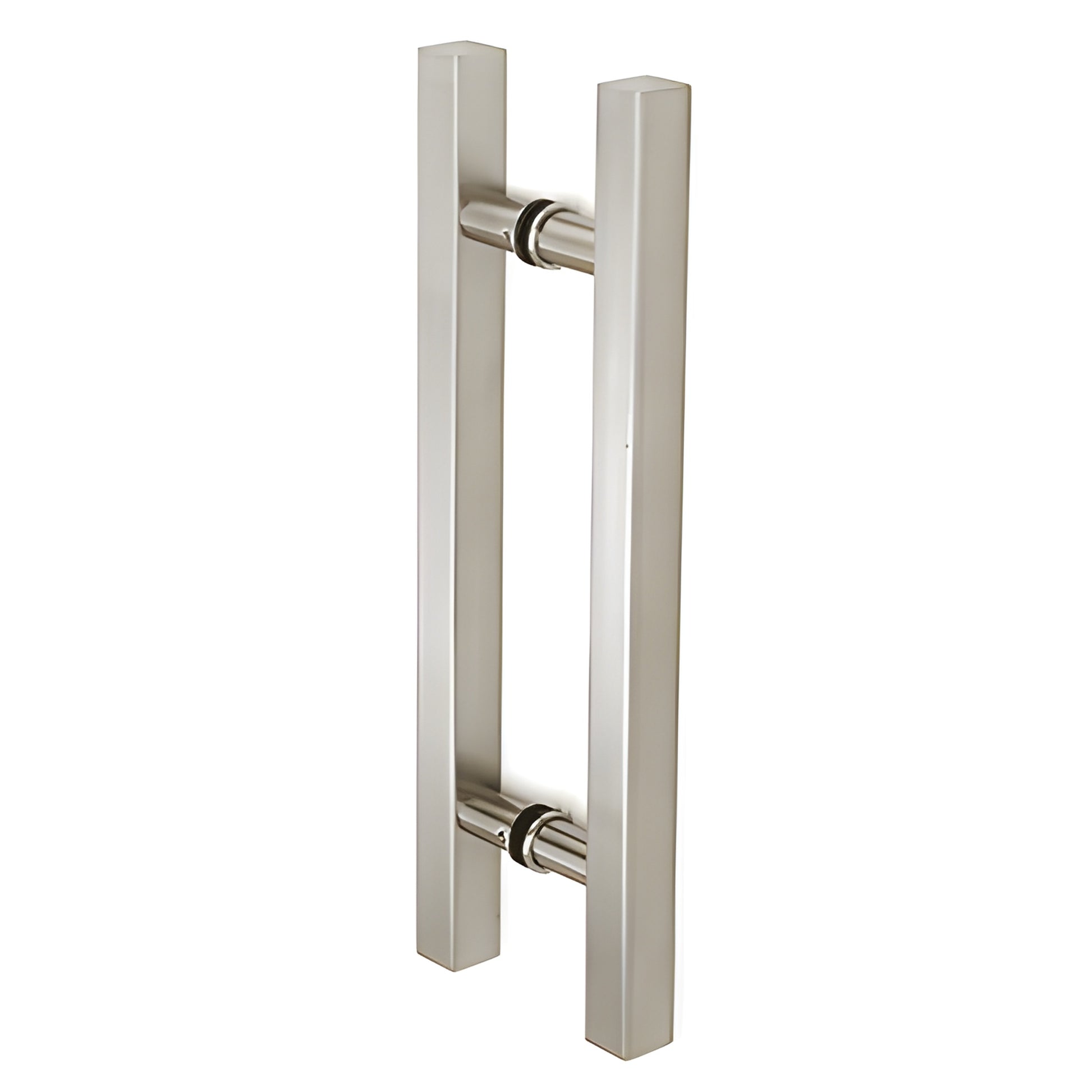 Brushed nickel ladder-style squared shower door pull, 8" center-to-center, 3/4" square tubing, back-to-back mount