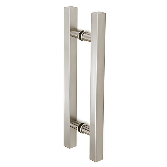 Brushed nickel ladder-style squared shower door pull, 8" center-to-center, 3/4" square tubing, back-to-back mount