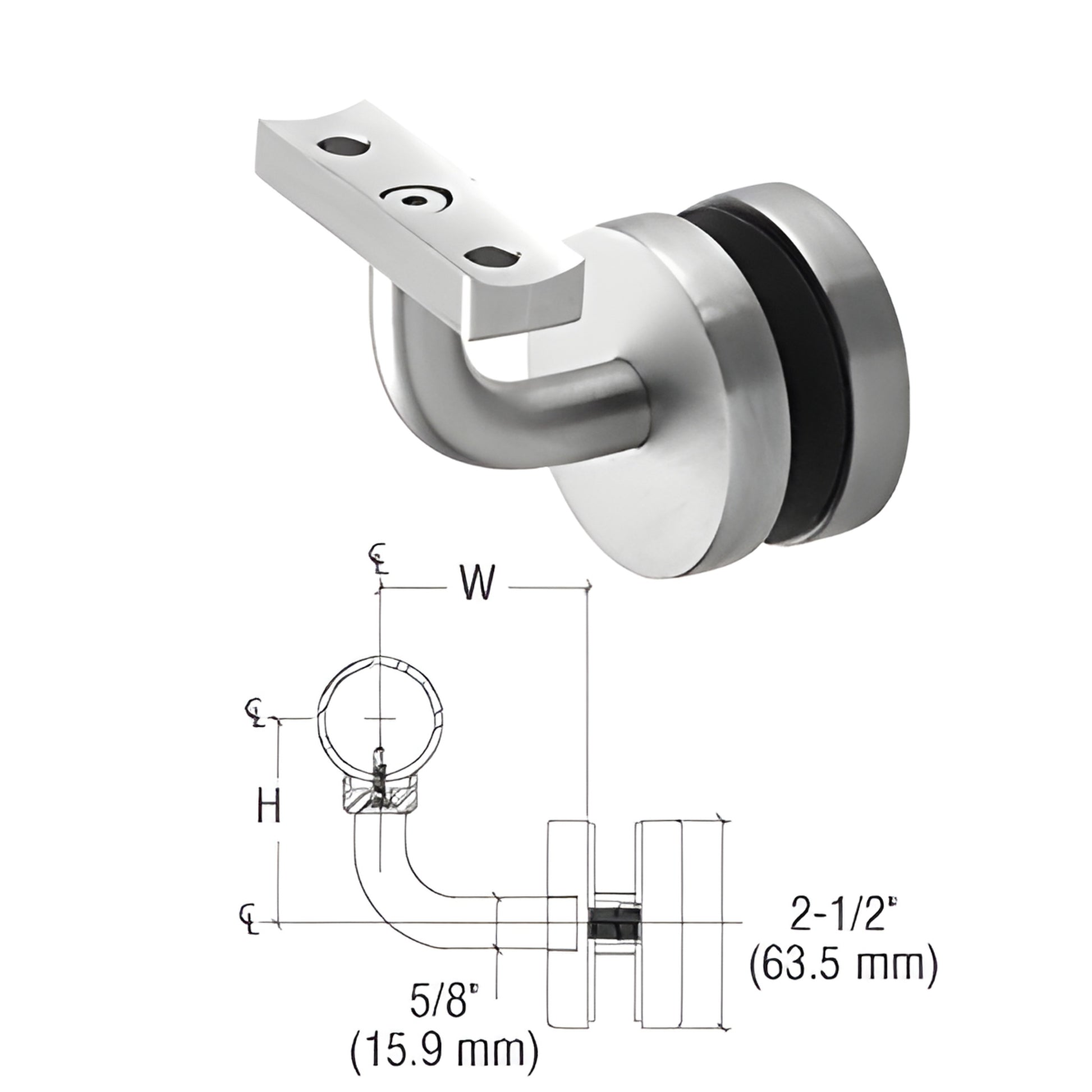 Brushed stainless steel glass-mounted handrail bracket SKU WBNCCBS for 1-1/2-2" rail, 2-1/2" projection