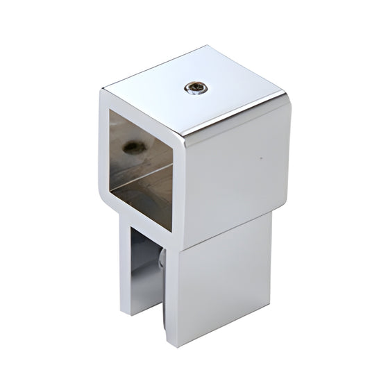 Polished chrome square support bar bracket (SKU SQ44CH) for 3/8-1/2" glass, no-drill installation.