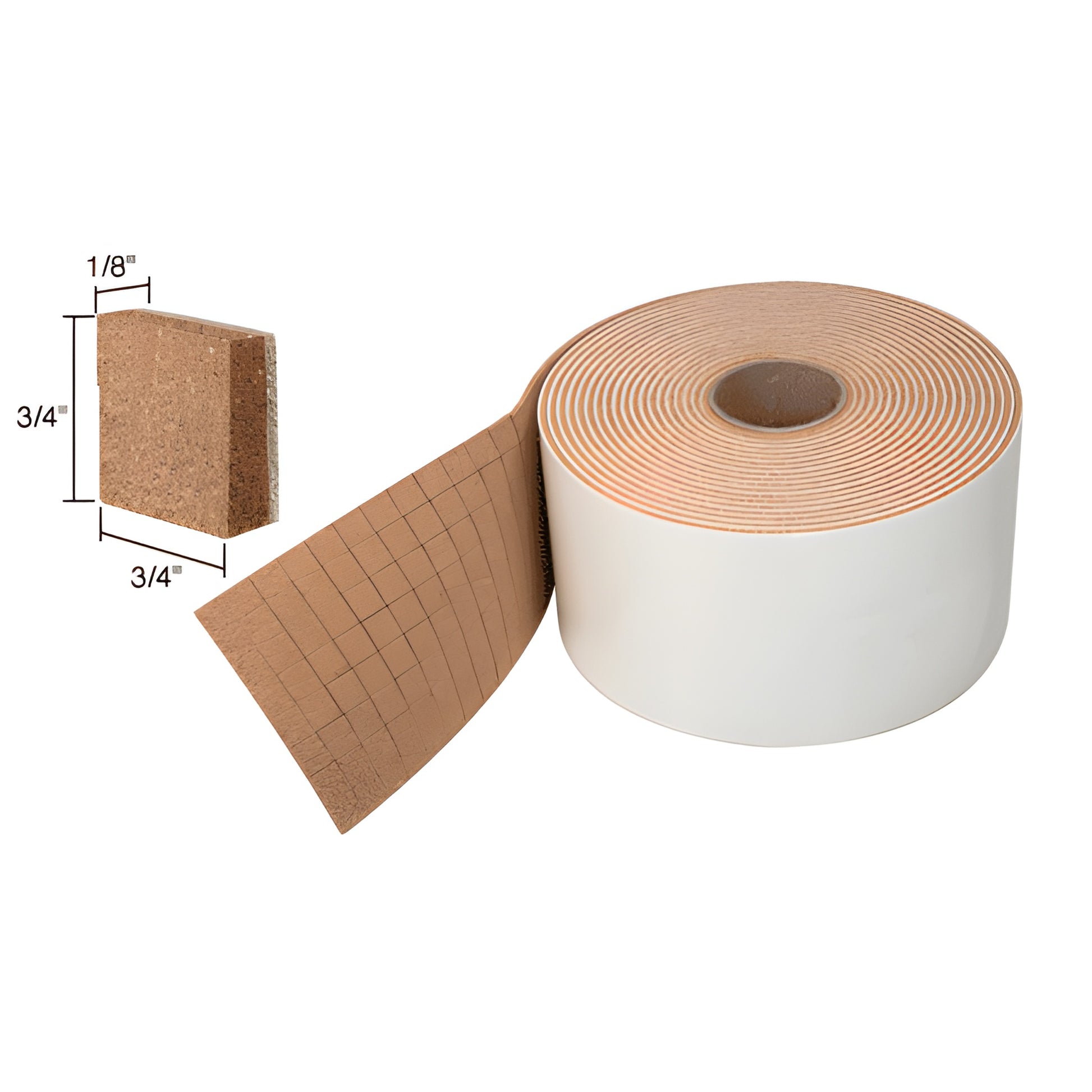 SKU 2001834: roll of 3/4 x 1/8 non-adhesive cork shipping pads with white release liner, grid-scored for easy peel-off.