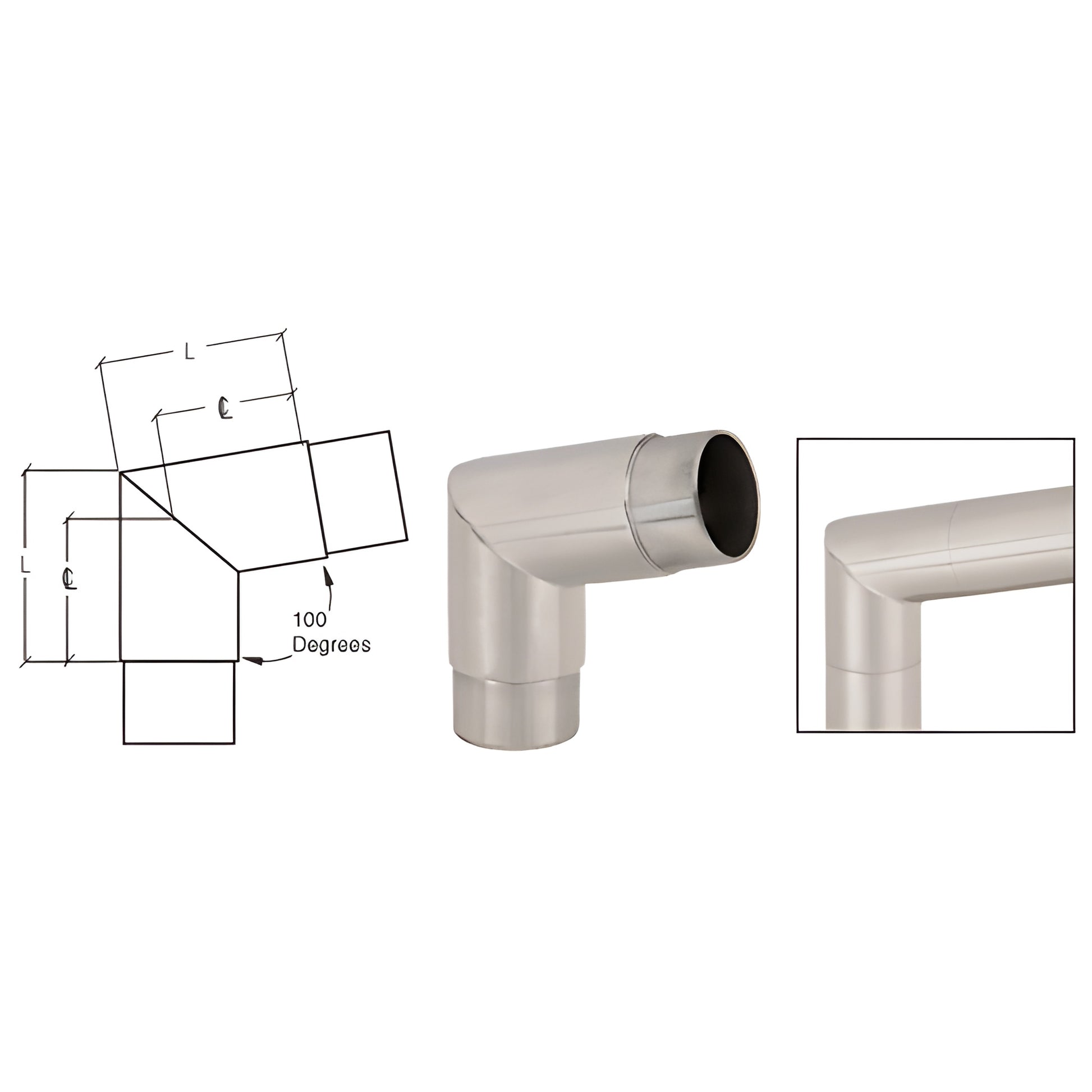 HR15SCBS brushed stainless 100 flush corner for 1-1/2" HR15 handrail tubing - ready-to-install decorative fitting