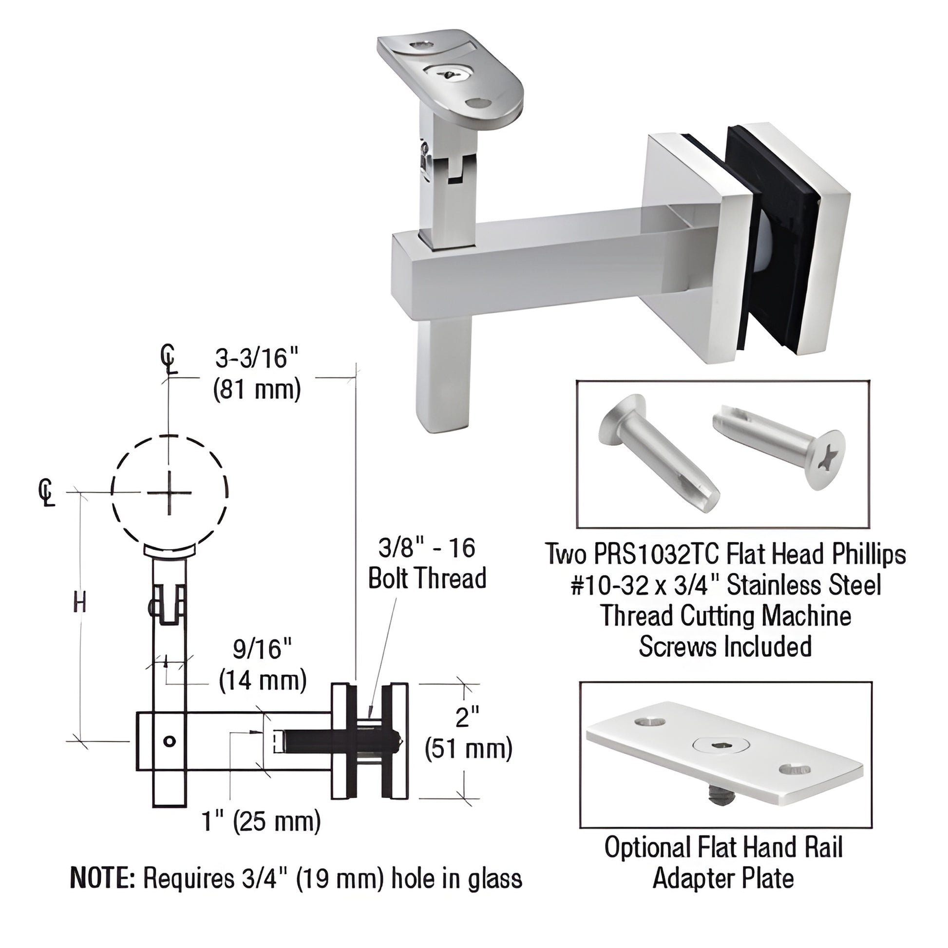 Polished stainless adjustable glass-mounted handrail bracket (HR7EGPS) for 1/2 to 1-1/16" glass, requires 3/4" hole.