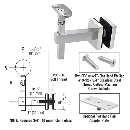 Polished stainless adjustable glass-mounted handrail bracket (HR7EGPS) for 1/2 to 1-1/16" glass, requires 3/4" hole.