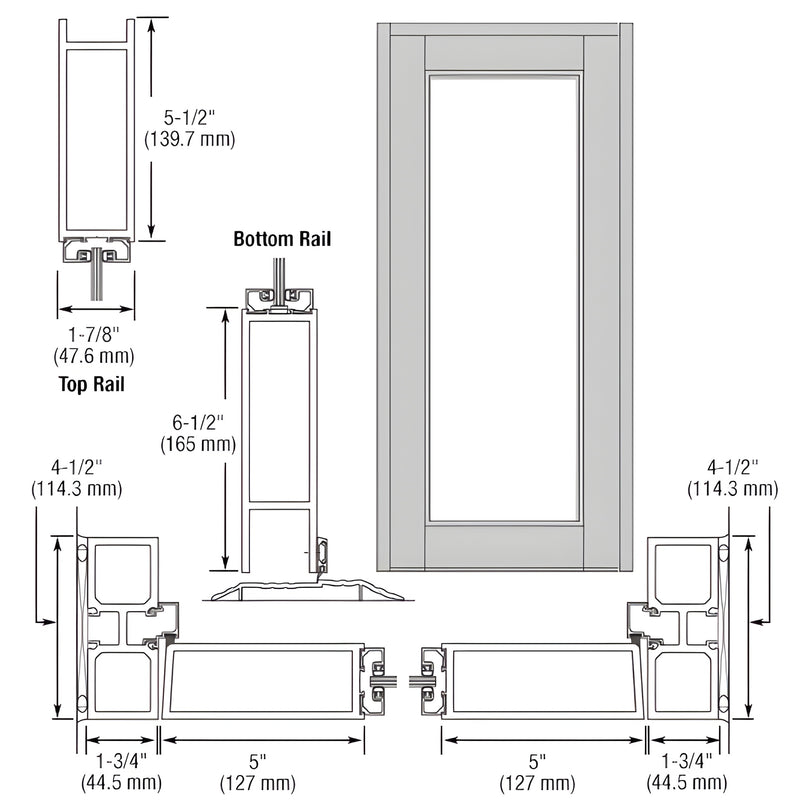 DB91611 Durafront clear anodized commercial blank entrance door, 5" stiles, 5-1/2" top rail, 6-1/2" bottom rail