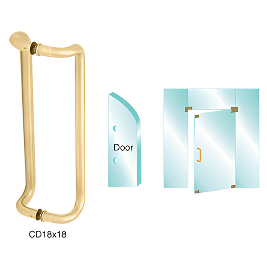 Polished brass glass door pull handle, 18 in. center-to-center, 1 in. diameter, fits 3/8-3/4 in. glass. SKU CD18X18BR